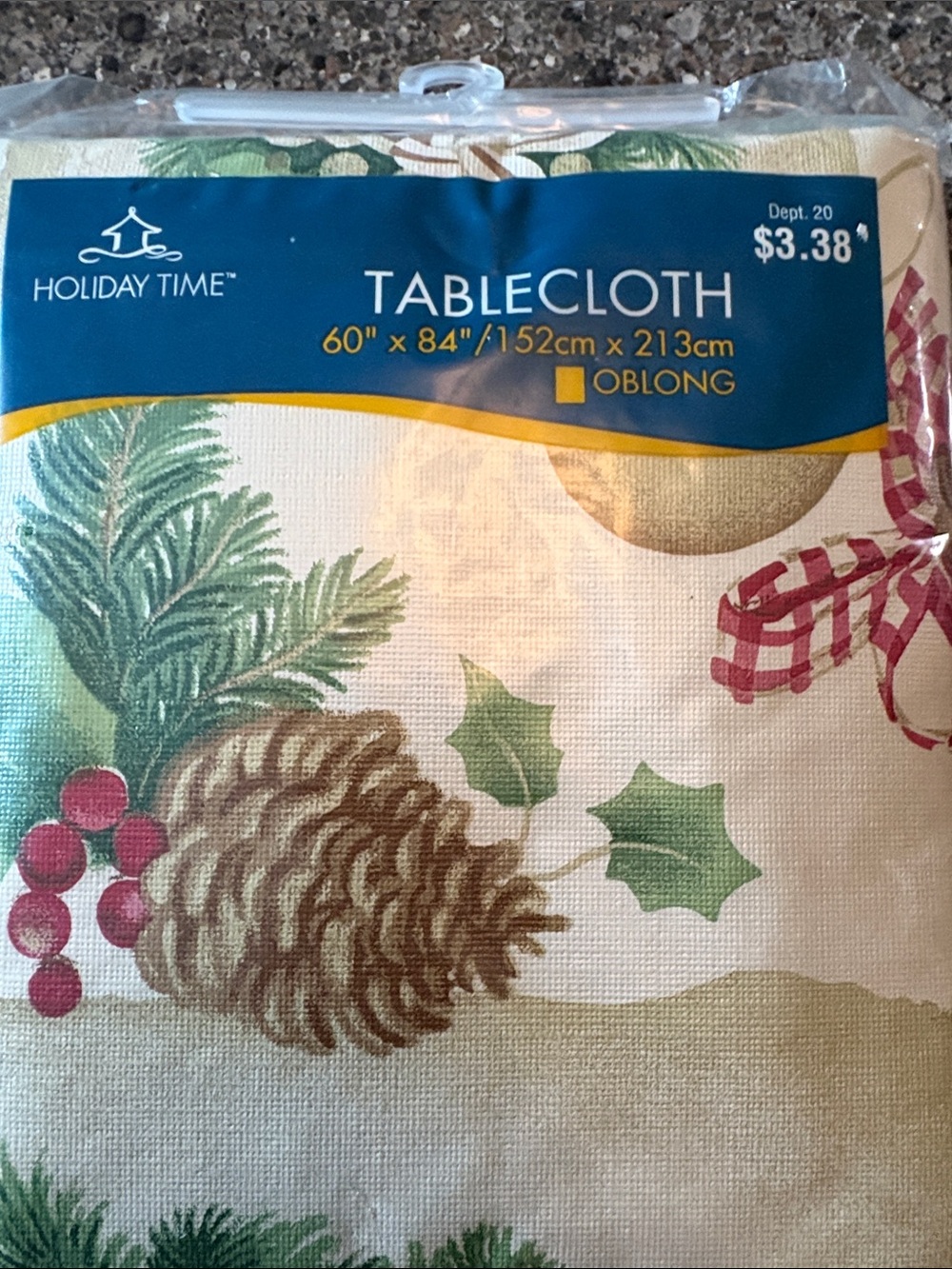 NIP Holiday Time Christmas Tablecloth 60x 84 Oblong Pinecone Holly Plaid Rustic